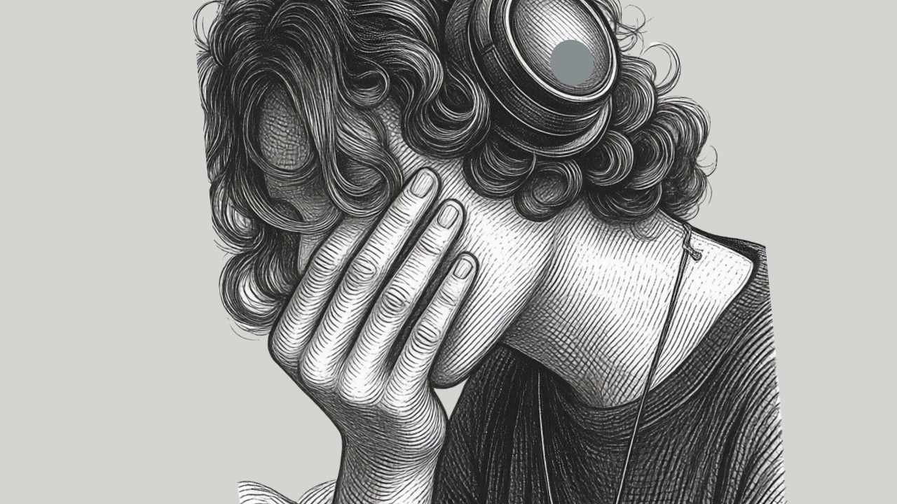 A person on a voice call, eyes closed and listening with headphones. Voice keeps tone and presence without a camera.