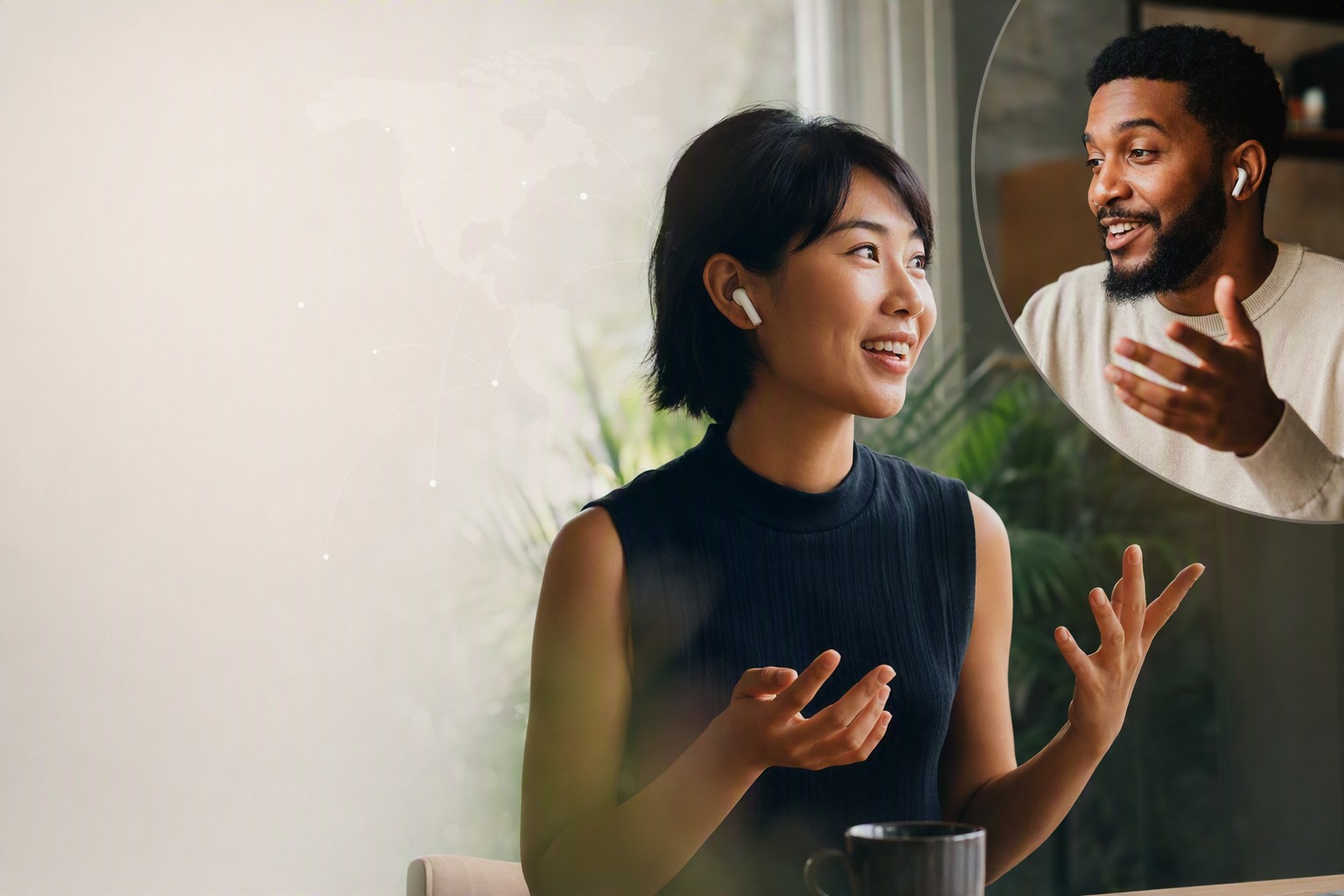 A voice conversation connecting two people on different continents across a world map