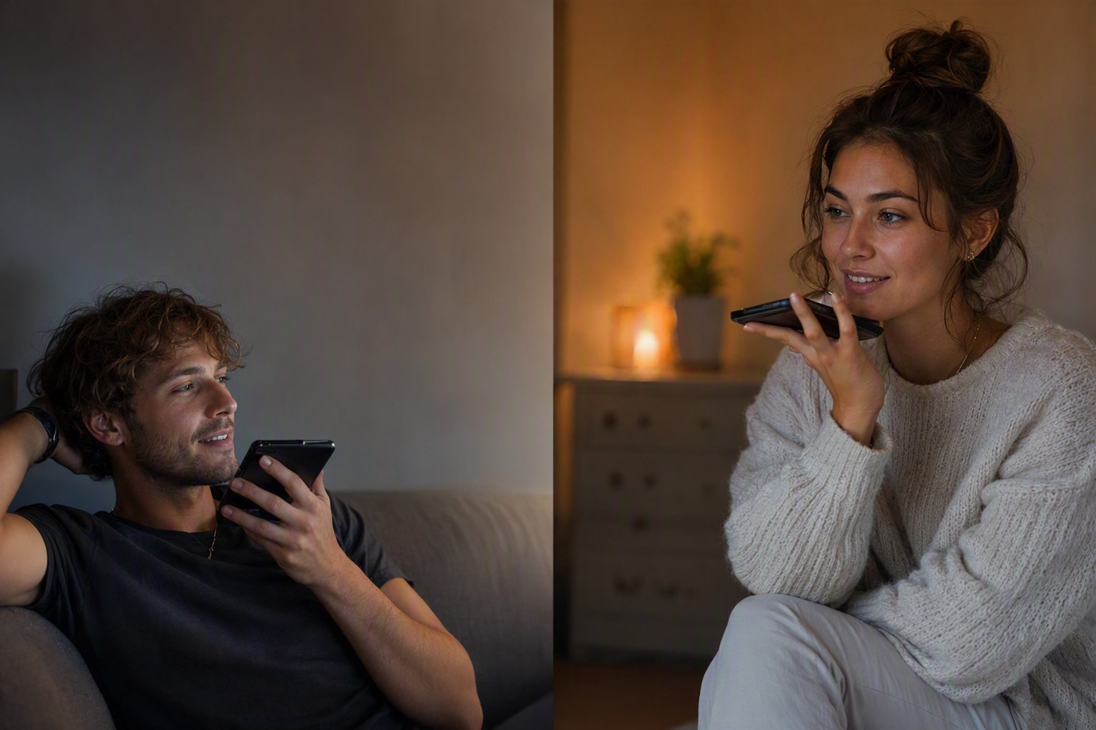 Two people in different parts of the world talking to each other on an anonymous voice call