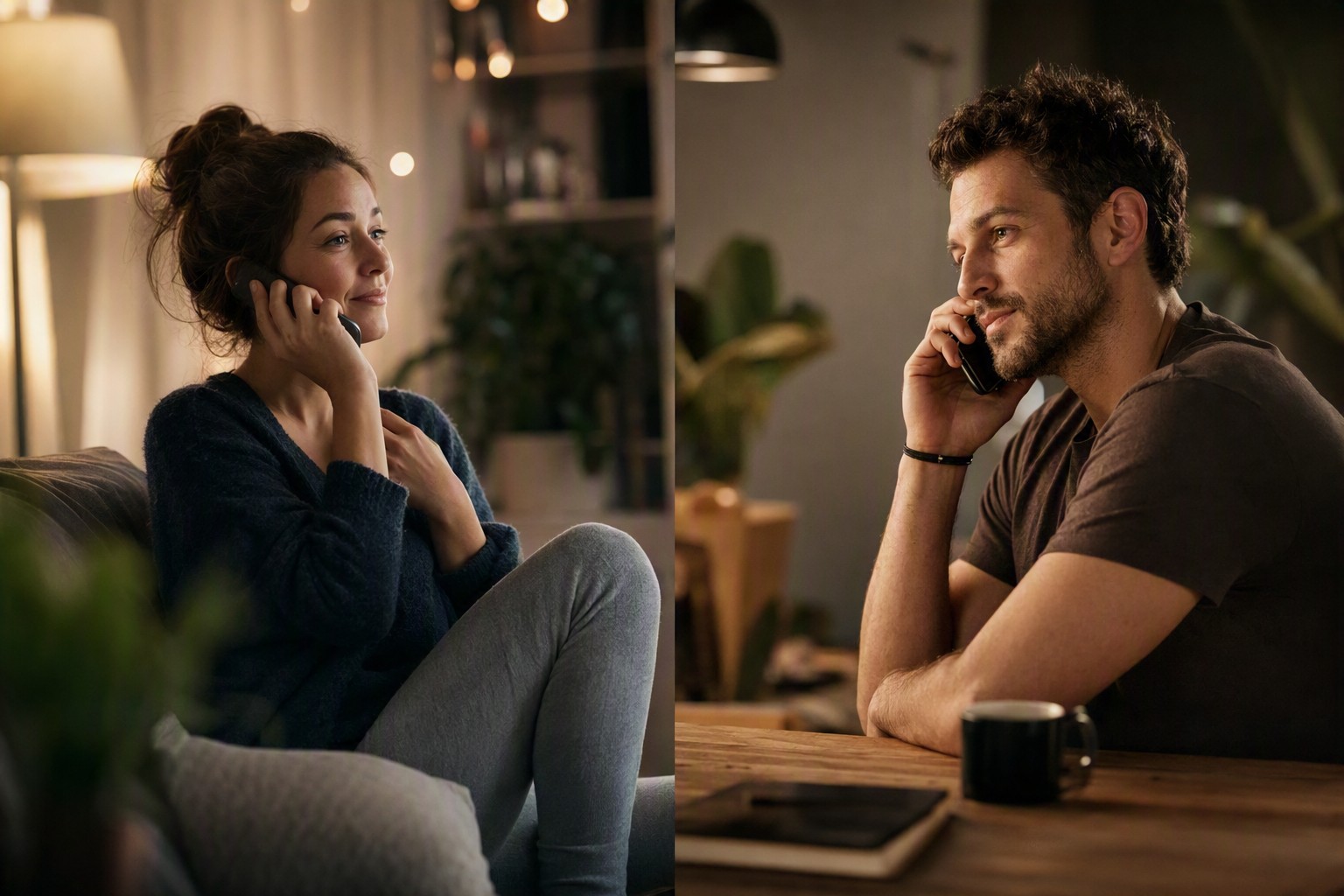 A woman and a man each on an evening phone call at home, venting to a stranger who listens