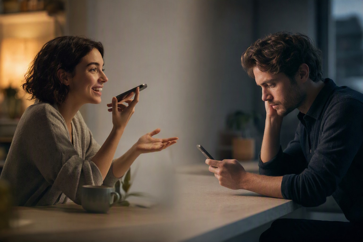 A person choosing a phone call over texting, holding the phone to their ear mid conversation