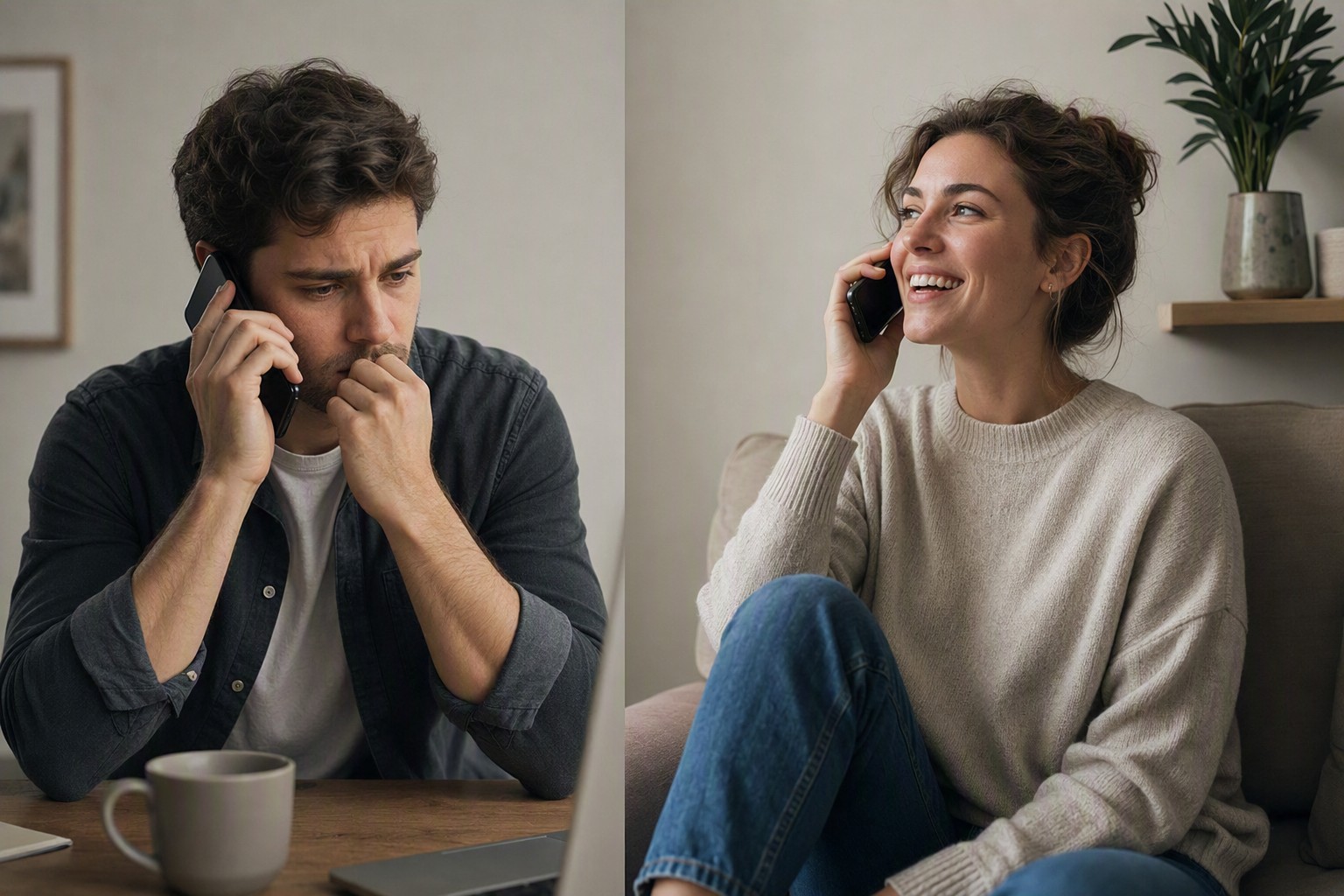 A person hesitating before making a phone call, phone in hand, bracing for an awkward conversation