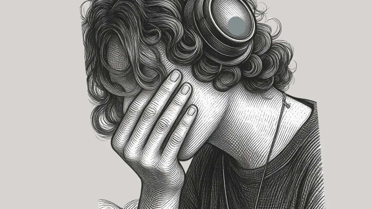 A person on an anonymous voice call, listening with headphones. One-on-one random chat by voice on Mindfuse, no video and no profile.